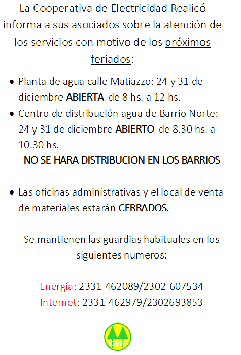 cooperativa electrica horarios feriados