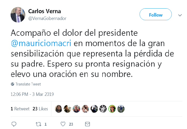 condolencias Verna a Macri