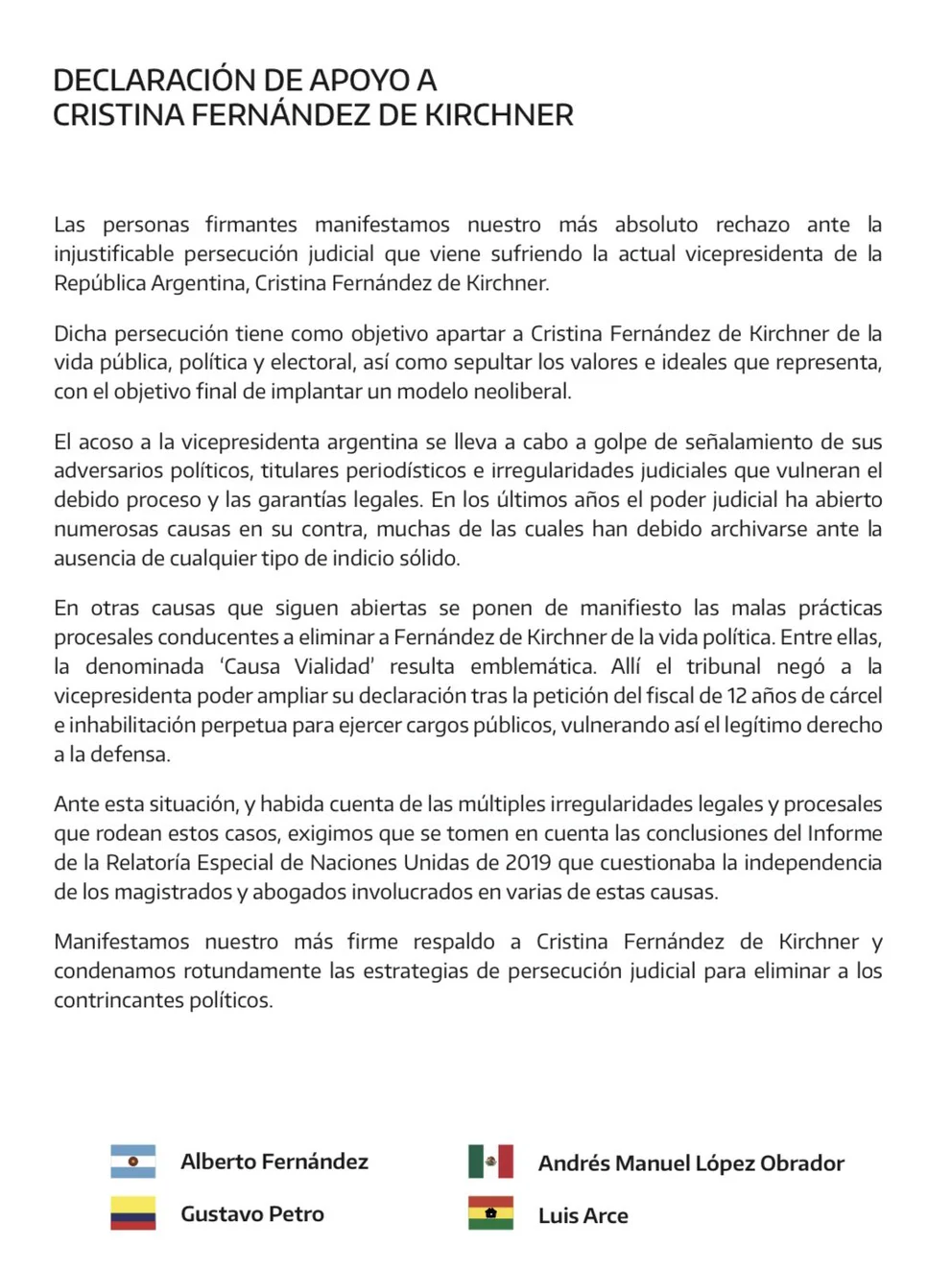 nota presidentes apoyo cristina