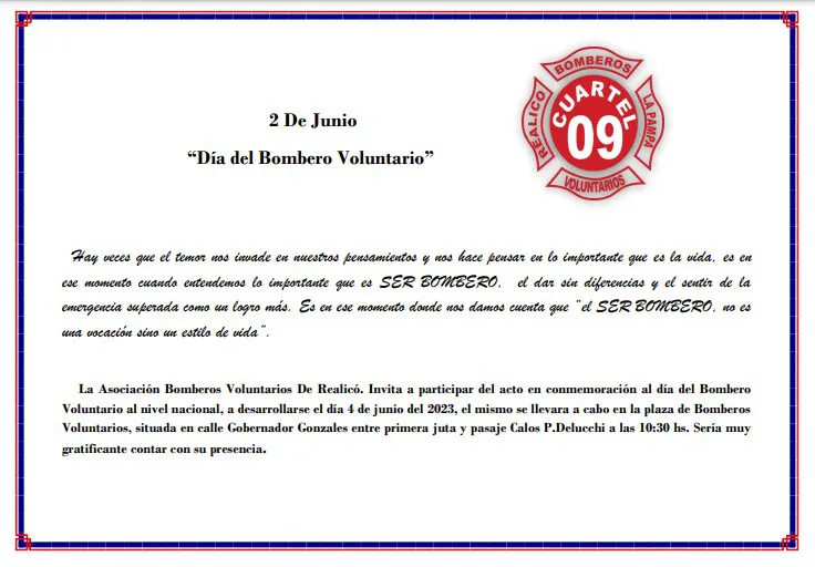 Invitación día del Bombero