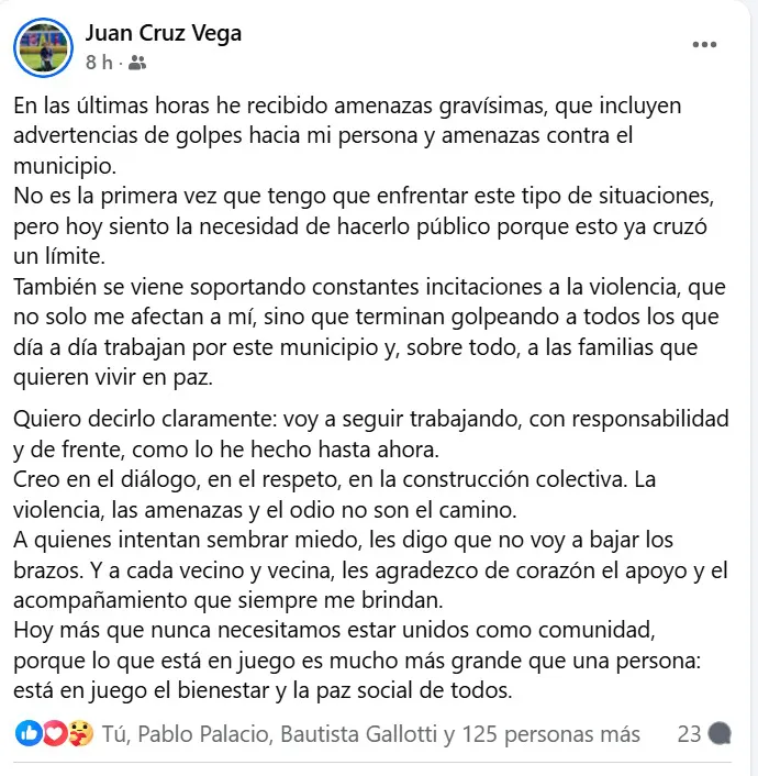 denuncia amenazas Vega Ceballos